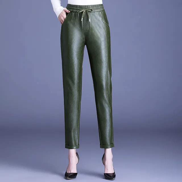 PU Leather High Waist Harem Pants With Small Feet Casual Fashion Elastic Green - Shop at LoveMi