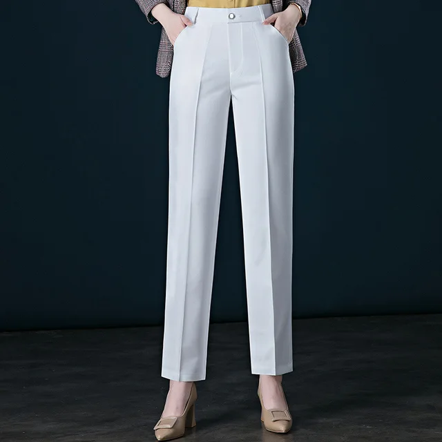 Women's High waist Straight leg Casual Suit Trousers White - Shop at LoveMi