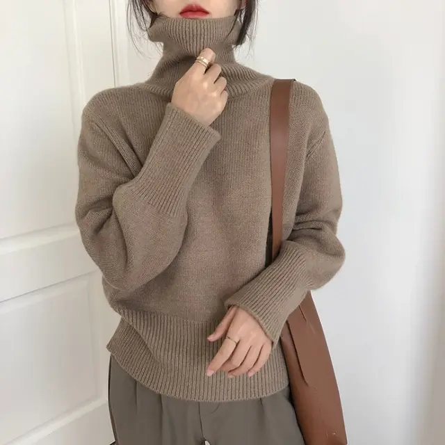 Lazy Style Turtleneck Sweater Women New Retro Loose Knit Top Camel - Shop at LoveMi