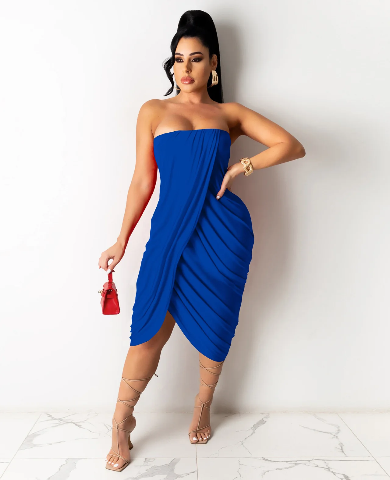 European And American Women's Pleated Sleeveless Dress - Blue