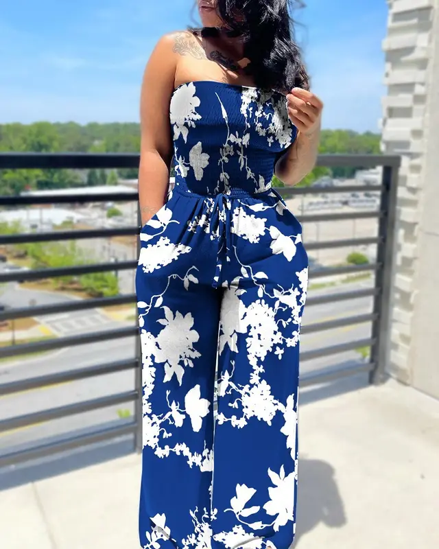 Sleeveless Tube Top Printed Ladies Jumpsuit Ladies Blue On White - Shop at LoveMi