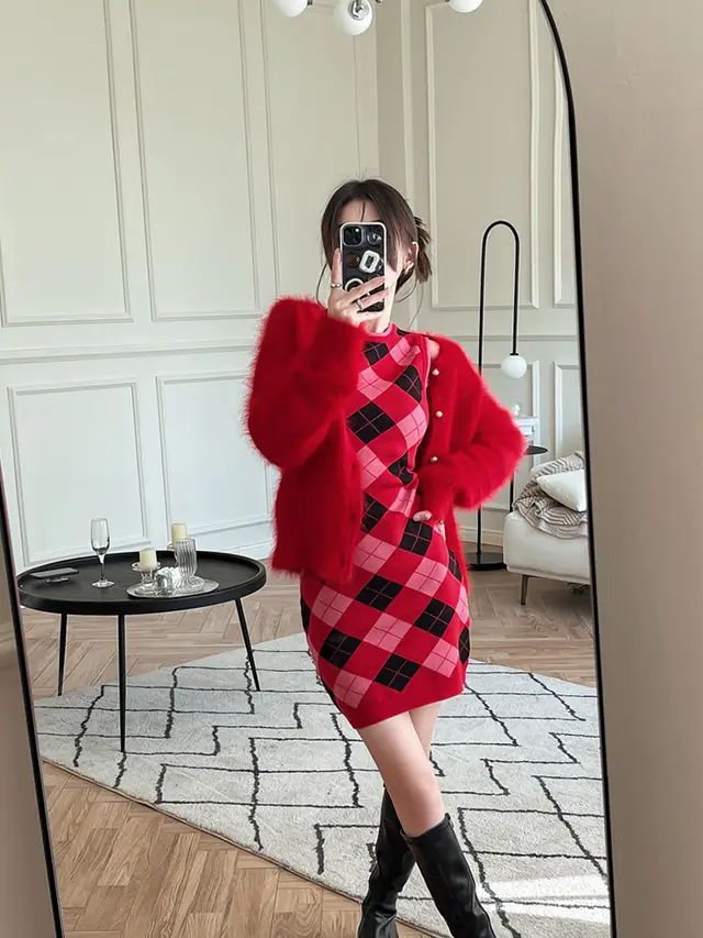 Women's Plus Size New Year Red Atmosphere Sense Knit Suit Coat - Shop at LoveMi