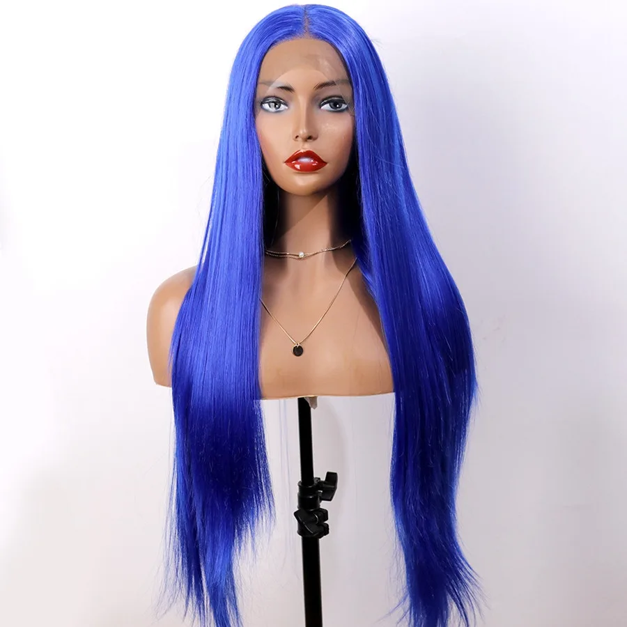 Synthetic Front Lace Headgear Blue Long Straight - Blue