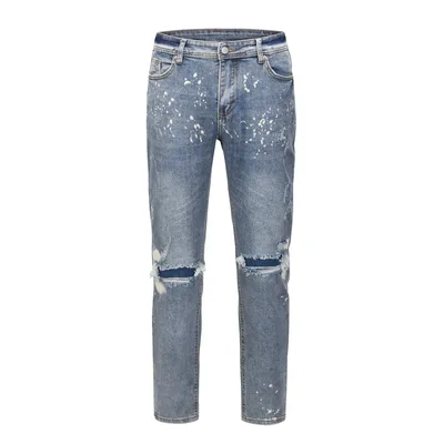 Light Blue Jeans With Splashed Ink And Ripped Elastic Wash Light Blue - Shop at LoveMi