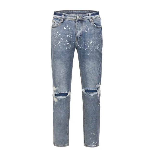 Light Blue Jeans With Splashed Ink And Ripped Elastic Wash Light Blue - Shop at LoveMi