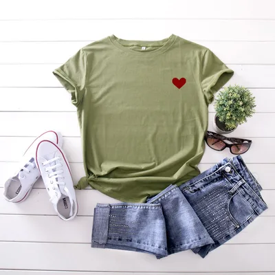 Simple And Comfortable Pure Cotton Love Short Sleeve Women Army Green - Shop at LoveMi
