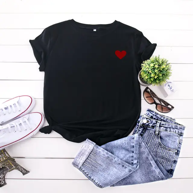 Simple And Comfortable Pure Cotton Love Short Sleeve Women Black - Shop at LoveMi
