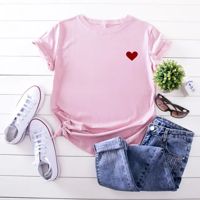 Simple And Comfortable Pure Cotton Love Short Sleeve Women Pink - Shop at LoveMi