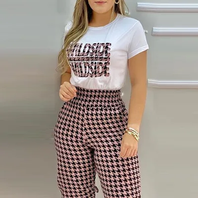 European And American Houndstooth Print Casual Suit Pink - Shop at LoveMi