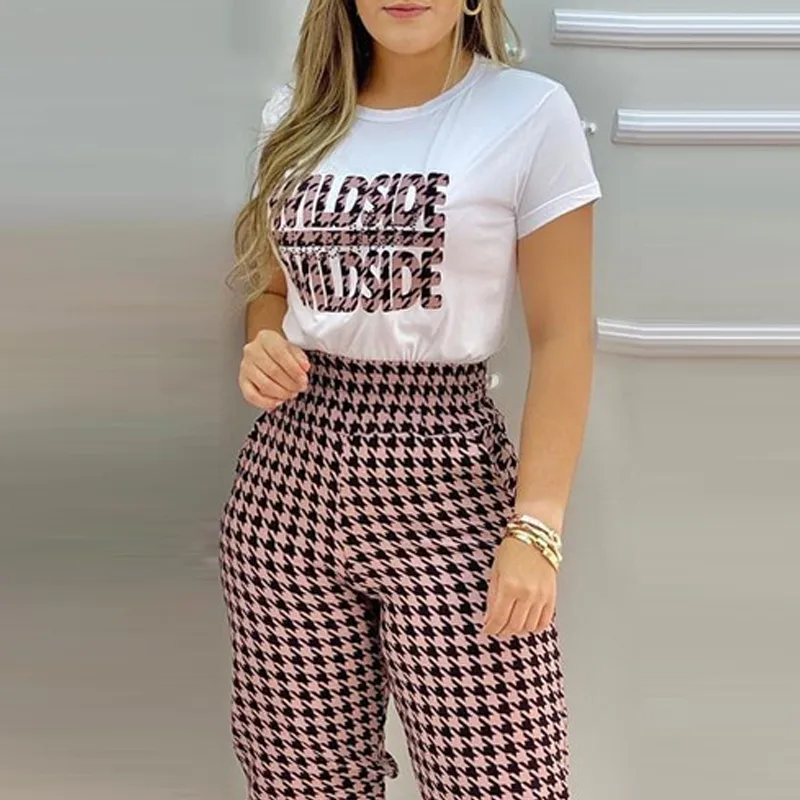 European And American Houndstooth Print Casual Suit Pink - Shop at LoveMi