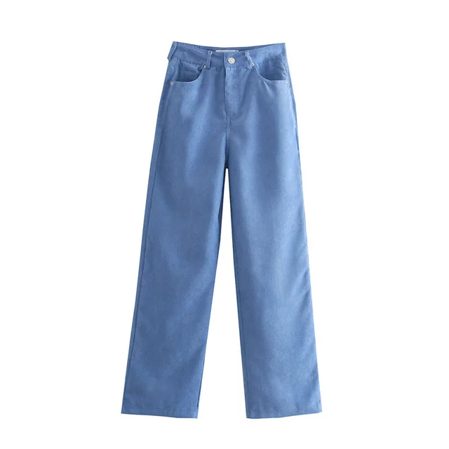 New Style Loose Mopping Straight Leg Casual Corduroy High Waist Wide Leg Pants Women Blue - Shop at LoveMi