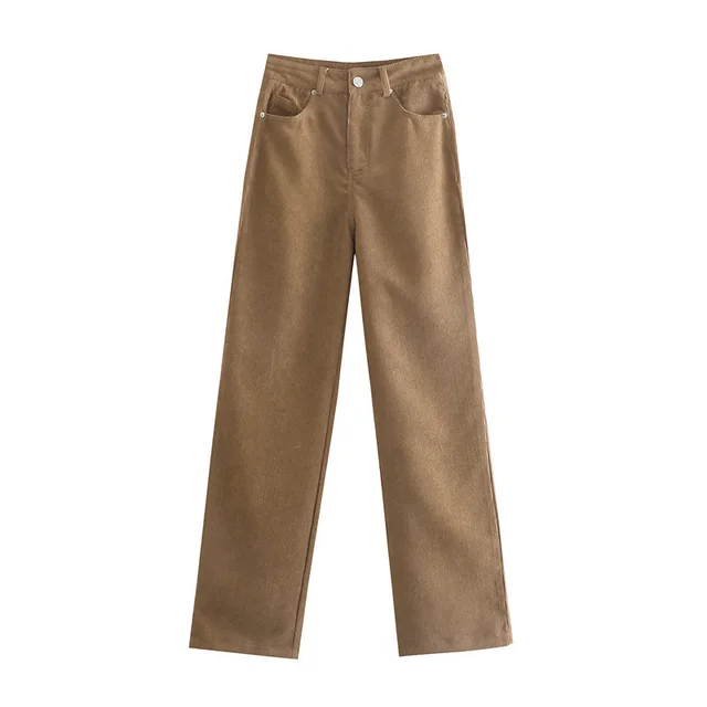 New Style Loose Mopping Straight Leg Casual Corduroy High Waist Wide Leg Pants Women Brown - Shop at LoveMi