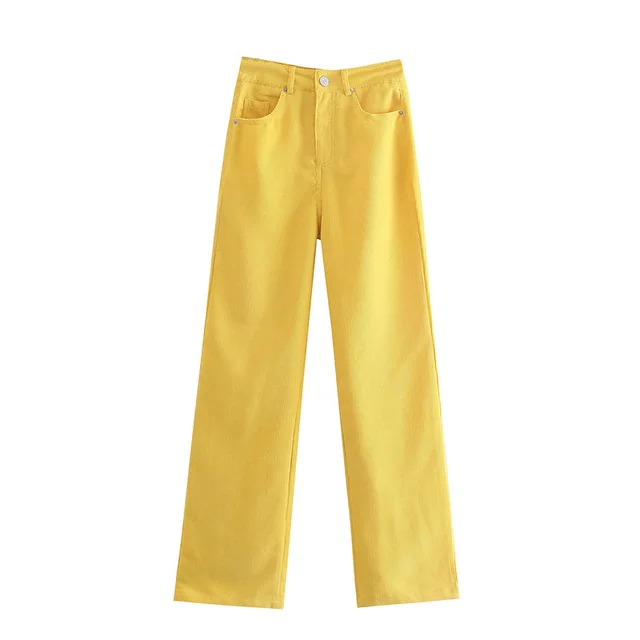 New Style Loose Mopping Straight Leg Casual Corduroy High Waist Wide Leg Pants Women Yellow - Shop at LoveMi