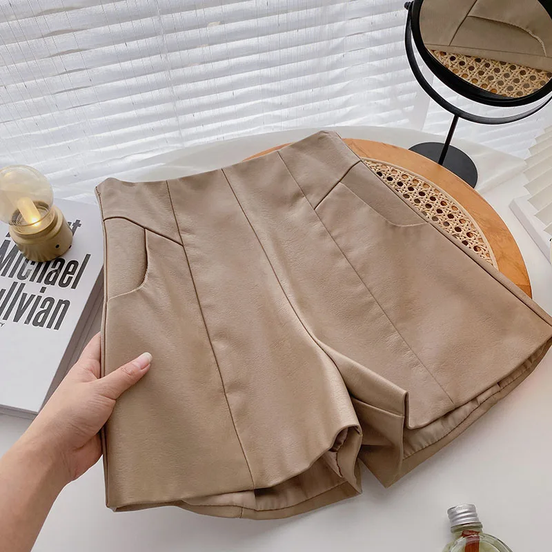 Women's High-waist A-line Thin Wide-legged Outer Wear PU Leather Boots Pants - Khaki