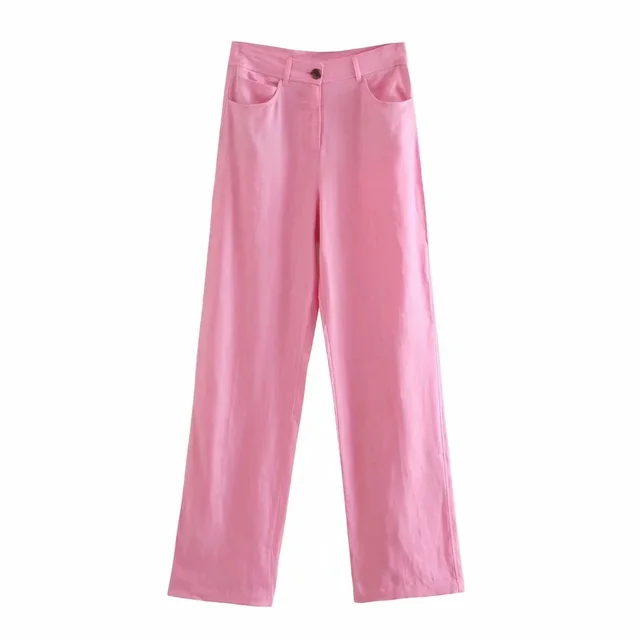 Women's Retro Linen Double Pocket High Waist Wide Leg Pants Pink - Shop at LoveMi