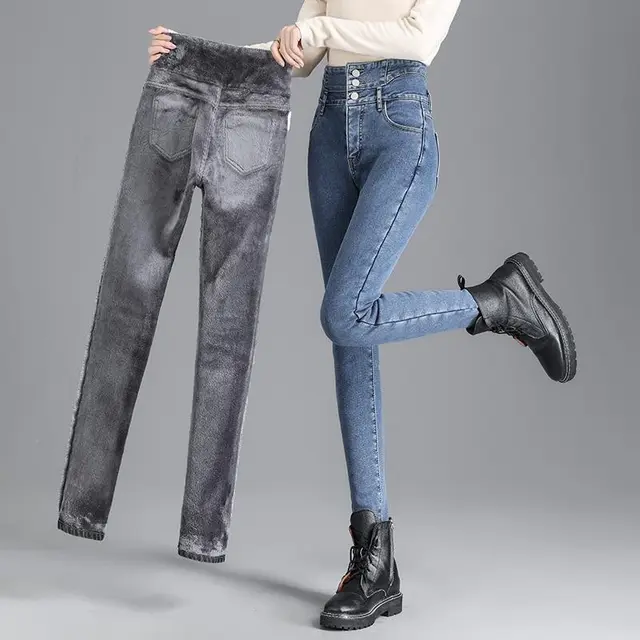 Women's Ultra high waisted Abdomen Jeans New Slim And Tight fitting Retro Blue Cashmere Trousers - Shop at LoveMi
