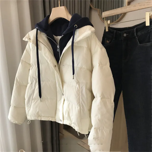 Women's Fake Two piece Hooded Sweater Down Jacket White - Shop at LoveMi