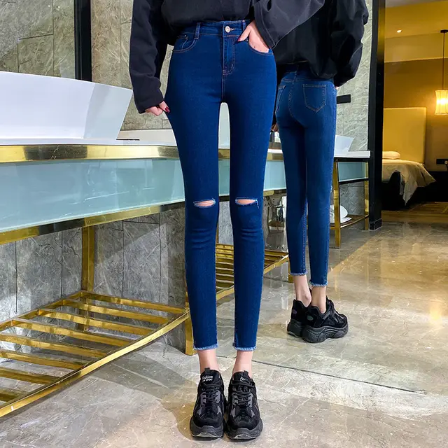 Jeans Women's High Waist Tight fitting All match Slim Dark Blue - Shop at LoveMi