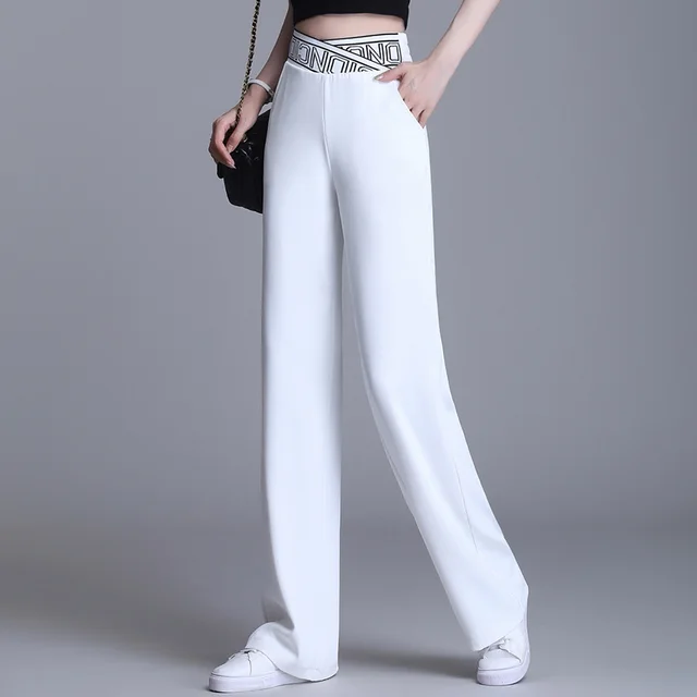 Women's High waist Drape Letter Elastic Slimming Suit Pants White - Shop at LoveMi
