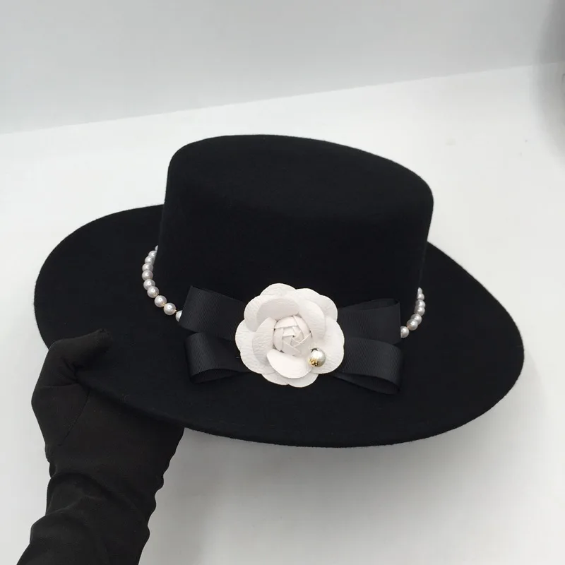 Fashion Black Pearl Flower Flat Top Hat Black - Shop at LoveMi