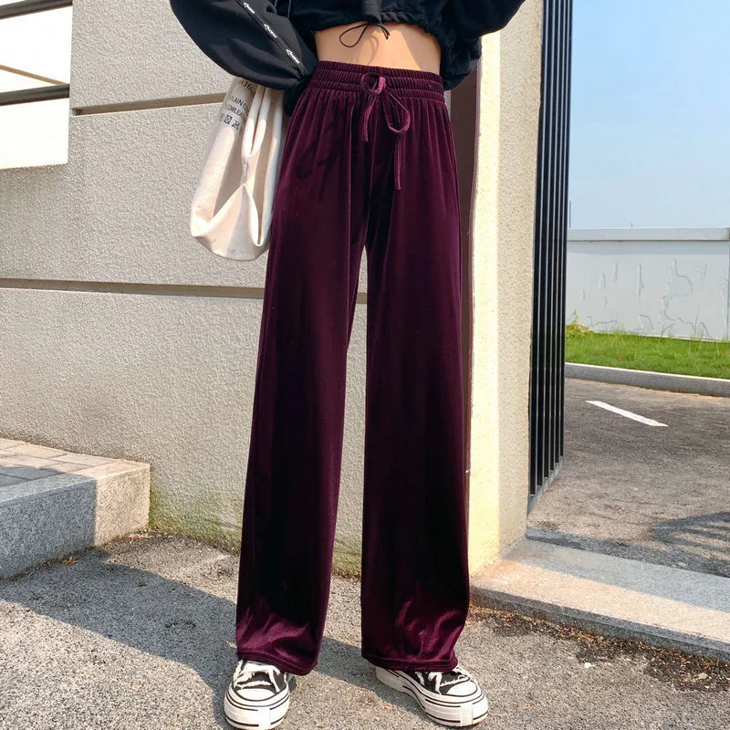 Gold Velvet Drape Wide leg Pants Lengthened Mopping Leisure Fuchsia - Shop at LoveMi