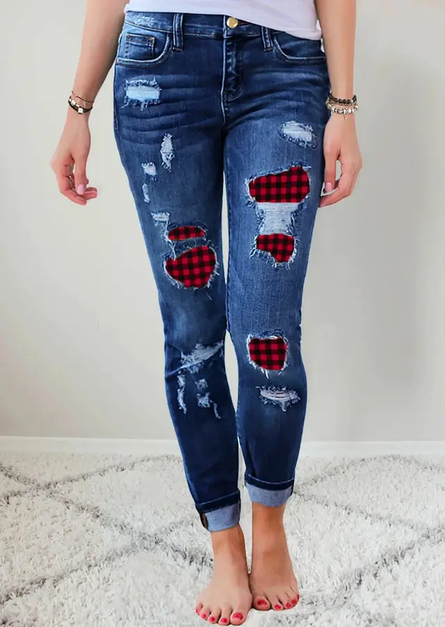 Women's Printed Denim Stretch Pants With Holes Blue - Shop at LoveMi