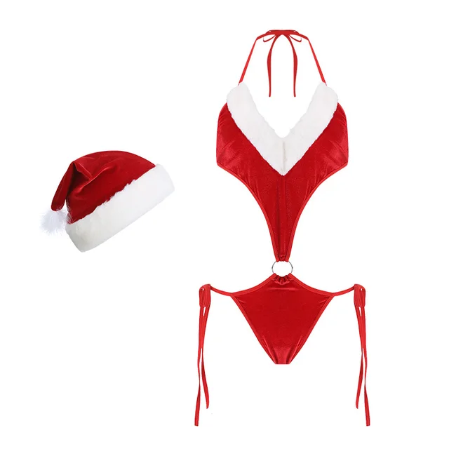 Women's Halterneck Velvet Christmas One piece Suit Red - Shop at LoveMi