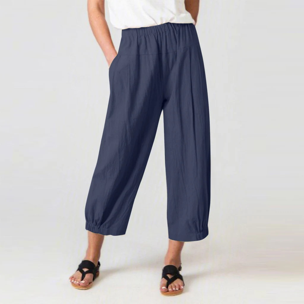 Loose Harlan Pants High Waist Cotton And Linen Pants - Navy Blue