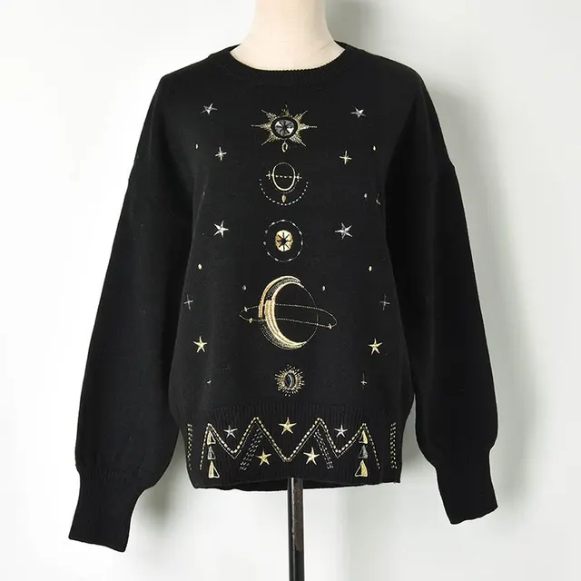 Embroidered Starry Sky Loose Knit Sweater Black - Shop at LoveMi