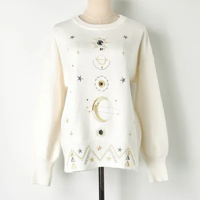 Embroidered Starry Sky Loose Knit Sweater White - Shop at LoveMi
