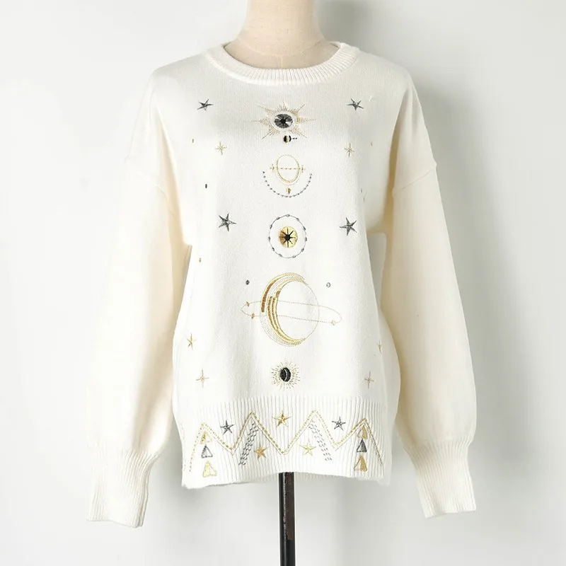 Embroidered Starry Sky Loose Knit Sweater White - Shop at LoveMi
