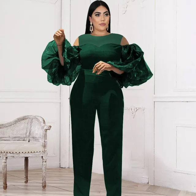 Round Neck Cutout Stitching Tulle Puff Sleeve High Waist Jumpsuit Green - Shop at LoveMi
