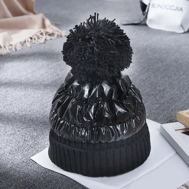 Women's Down Shiny Knit Hat With Fur Ball Black B - Shop at LoveMi