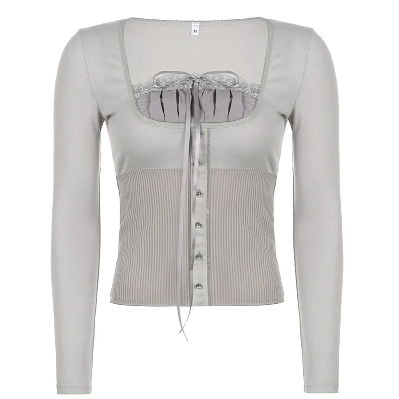 New Women's Solid Color Lace Trim Retro Sweet Square Neck T shirt Grey - Shop at LoveMi