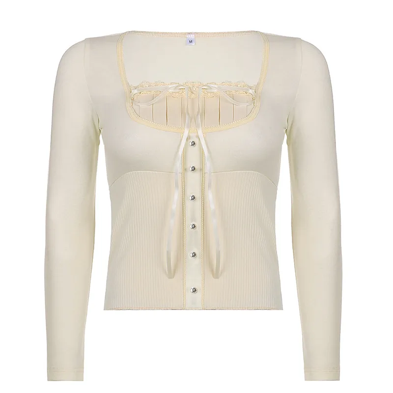 New Women's Solid Color Lace Trim Retro Sweet Square Neck T-shirt - Skin Tone