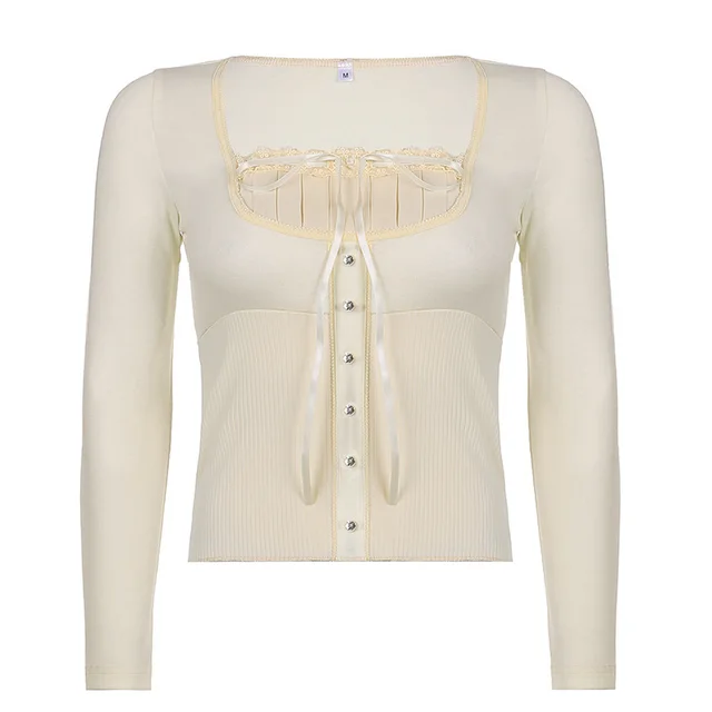 New Women's Solid Color Lace Trim Retro Sweet Square Neck T shirt Skin Tone - Shop at LoveMi