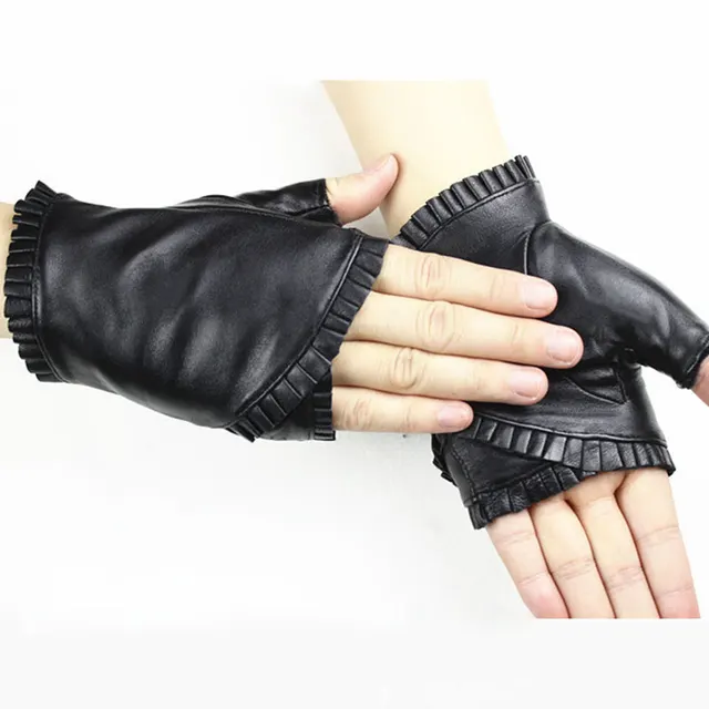 Women's Leather Fashion Ruffled Half finger Gloves Black - Shop at LoveMi
