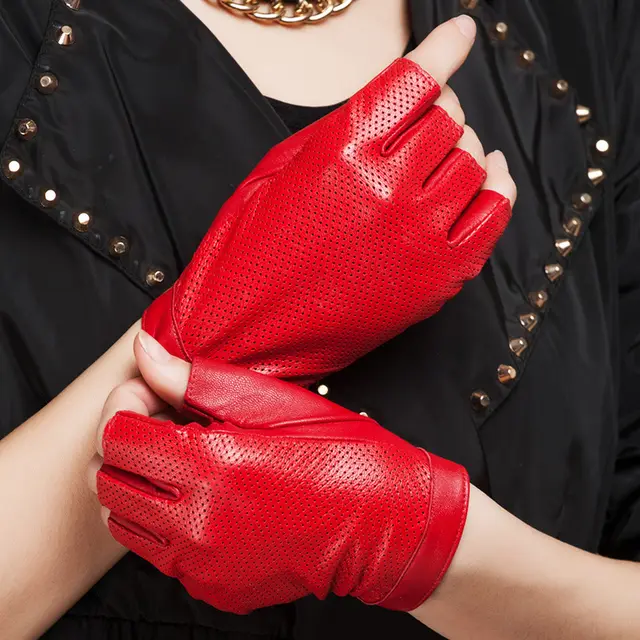 Leather Sheepskin Non slip Thermal Short Half finger Gloves Red - Shop at LoveMi