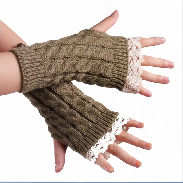 Women's Warm Lace Lengthened Knitted Half finger Gloves Khaki - Shop at LoveMi