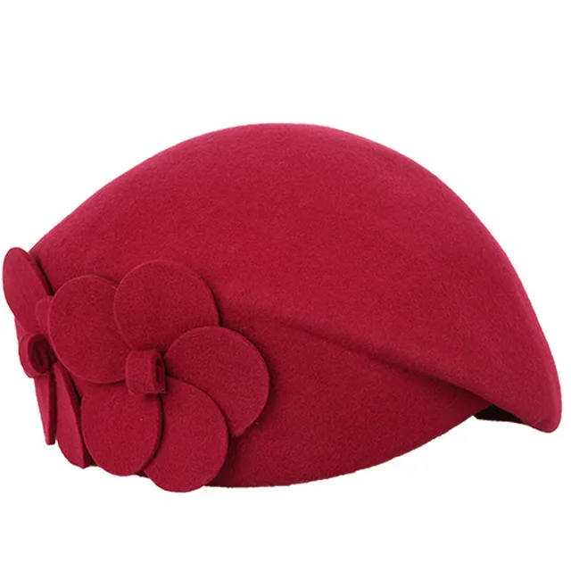 Double Flower Beret Stylish Elegant Wool Wine Red - Shop at LoveMi