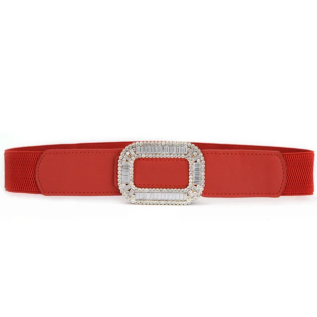Women's Rhinestone Inlaid Pair Buckle Elastic Elastic All match Girl Dress Belt Red - Shop at LoveMi