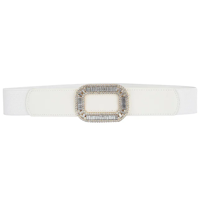 Women's Rhinestone Inlaid Pair Buckle Elastic Elastic All match Girl Dress Belt White - Shop at LoveMi