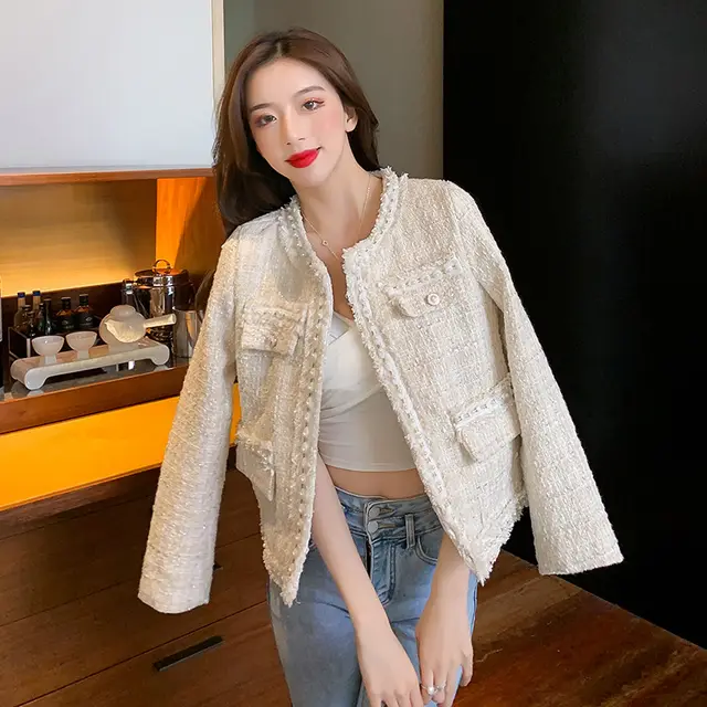 Women's Temperament Heavy Industry Beaded Long sleeved Short Top Apricot - Shop at LoveMi