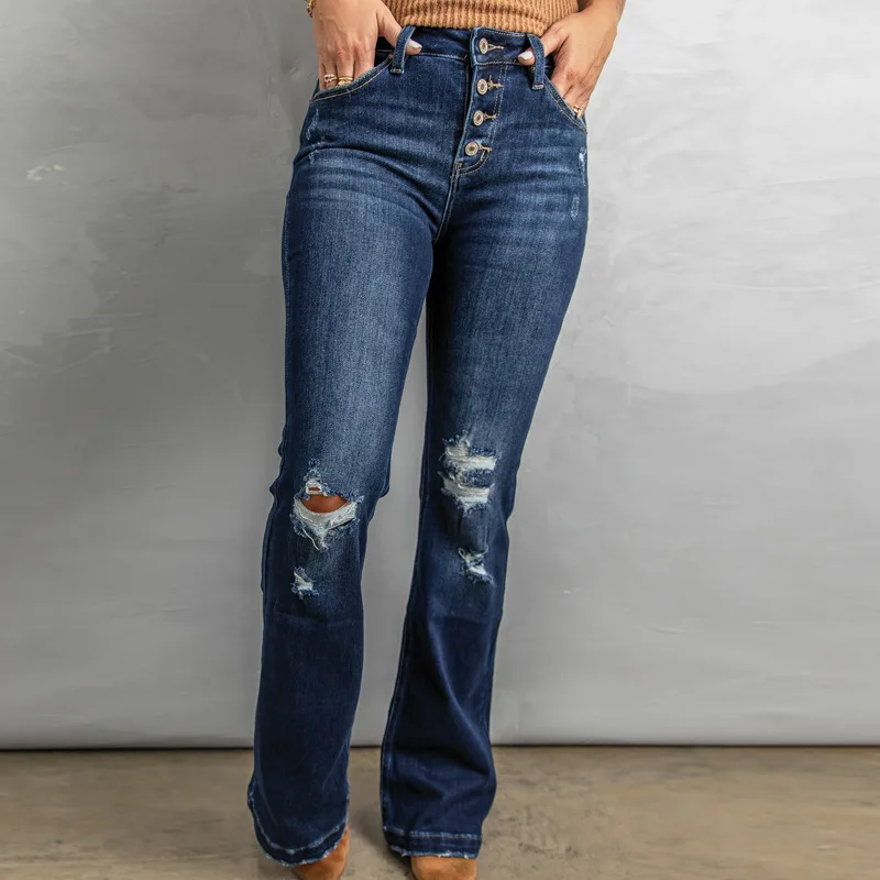 European And American Slim Women's Washed Hole High Waist Jeans Blue - Shop at LoveMi