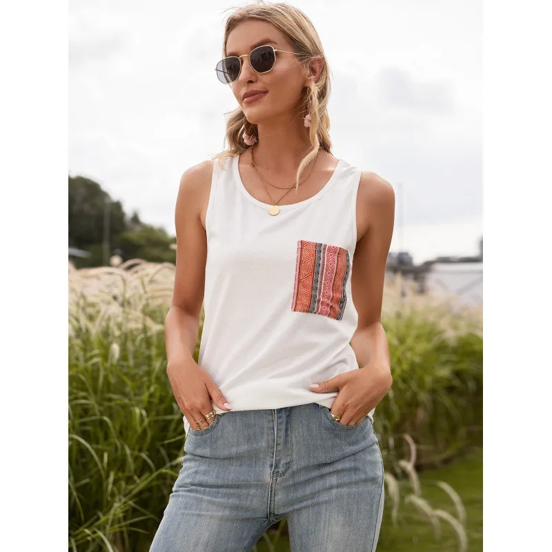 Solid Color Round Neck Pullover Pocket Sleeveless T shirt White - Shop at LoveMi