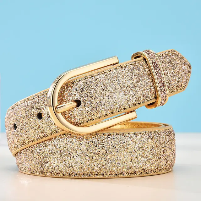 Women's Faux Leather Sequins Decorative Belt Gold - Shop at LoveMi