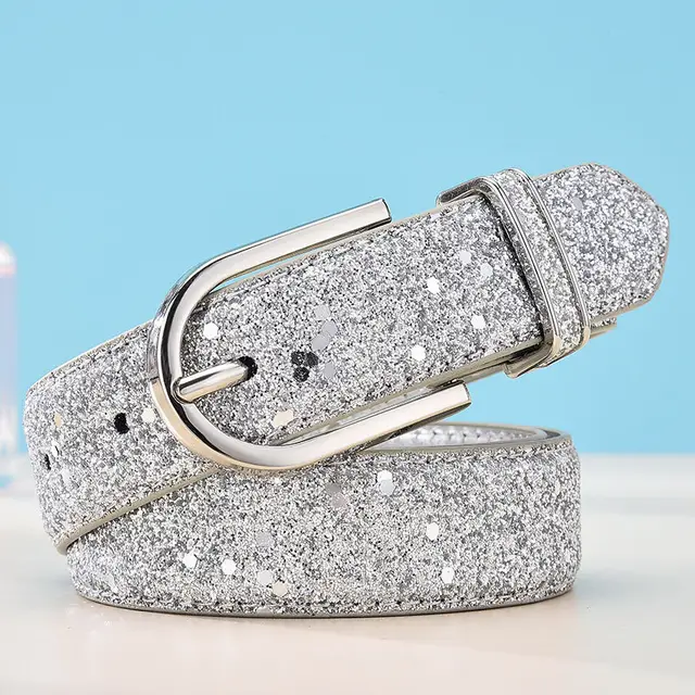 Women's Faux Leather Sequins Decorative Belt Silver - Shop at LoveMi