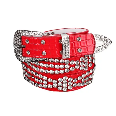 Women's Belt With Diamond studded Leather Wide Jeans Red - Shop at LoveMi