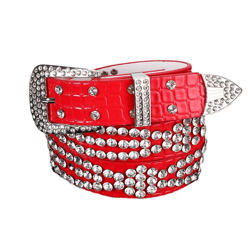 Women's Belt With Diamond-studded Leather Wide Jeans - Red