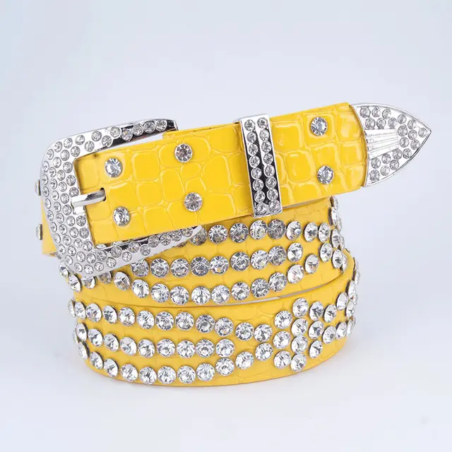 Women's Belt With Diamond studded Leather Wide Jeans Yellow - Shop at LoveMi